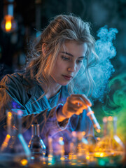 young blonde woman science teacher or student in a chemistry lab doing experiment with colorful smoke around her