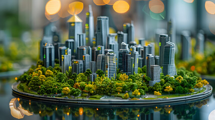 A 3D printed model of a sustainable city, with green spaces and renewable energy sources in the background, during an environmental innovation summit