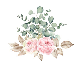 Fototapeta premium Watercolor bouquet of pink roses and eucalyptus greenery. Ideal for creating invitations, greeting and wedding cards