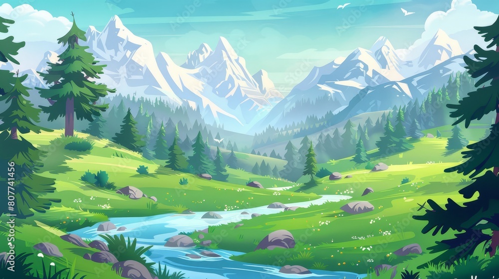 Poster a cartoon landscape with a 2d separation of layers of green fields and river flowing across vast lan