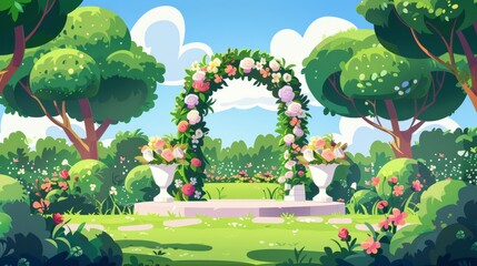 Modern cartoon illustration of a summer garden or park landscape with objects for the wedding ceremony, green trees, and grass for an outdoor wedding reception with floral arch and flowers in pots.