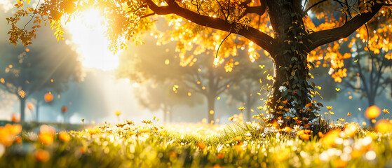 Autumnal Scenery in a Sunlit Forest, Vibrant Fall Colors and Golden Light, Beautiful Seasonal Landscape