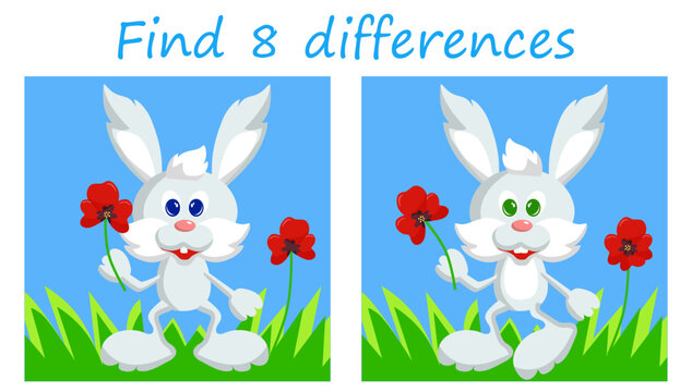 Logic puzzle game. Find 8 differences. Happy rabbit with red poppy on green grass. Vector illustration for children's activity book.