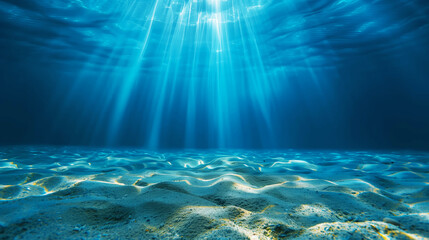 Obraz premium Underwater view showing the sandy ocean floor with rays of sunlight piercing through the blue water.