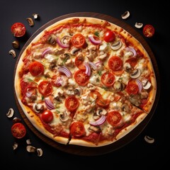 A pizza with mushrooms, onions, and tomatoes on a wooden board