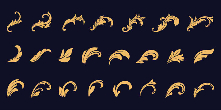 Gold Floral Ornamental design, flourish, baroque, lace borders and corners Vector set art deco ornaments elements