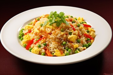 A plate of rice with vegetables and meat