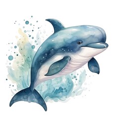 Obraz premium watercolor illustration of adorable cartoon blue dolphin with splashes on white background