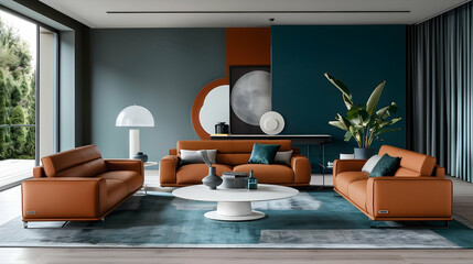 Modern living room with terracotta leather sofas, a white coffee table and a teal accent wal
