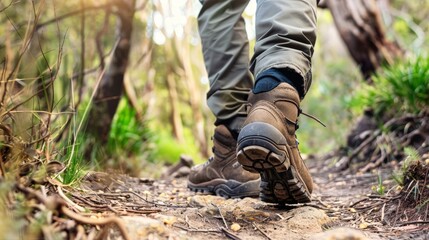 A person is walking on a trail in the woods wearing brown boots