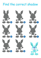 Find the correct shadow of the funny rabbit. Logic game. Worksheet for children's activity book. Cartoon vector illustration.