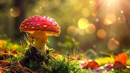 A red mushroom is sitting on a patch of grass - Powered by Adobe
