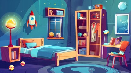 The interior of a boy's room with a bed, bookshelves, cupboards, chairs, and a toy box. Cartoon illustration of kids room interior with books, a ball, rocket, robot, and a nightlight.