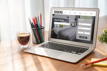 Online hotel accommodation booking website provide modish reservation system . Travel technology concept . - obrazy, fototapety, plakaty