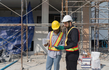 Two construction workers checking work schedule on tablet computer. Wear hardhat and safety vest, stands by metal scaffolding at a building site.