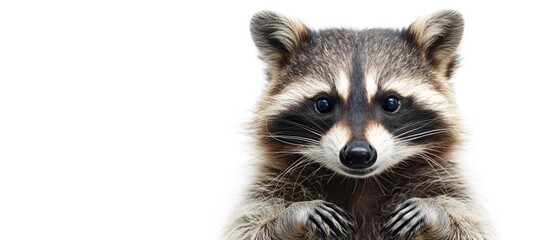 Close-Up Portrait of a Raccoon Against White Background With Copy Space, Looking Directly at Camera