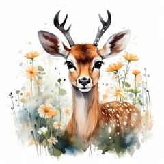 watercolor illustration of cute naive cartoon baby deer with flowers on white background