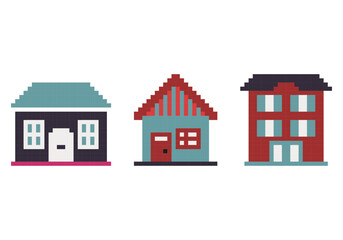 Set of pixel houses.  Pixel art style design for logo, web, mobile app, badges and patches. Vector illustration.