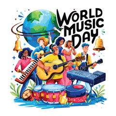 Vibrant Watercolor Illustration of a World Music Day Music-themed design with musical instrument
