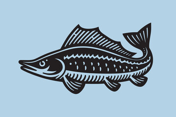 Sturgeon fish. Vintage retro engraving illustration. Black icon, logo, label. isolated element.	