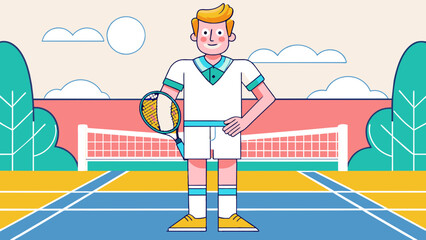 Cheerful Cartoon Tennis Player on Colorful Court Illustration
