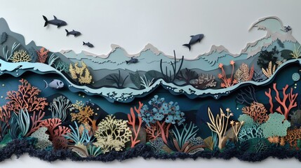 A detailed papercut of a coastal ecosystem transitioning from land to submerged environments, showing habitat loss.