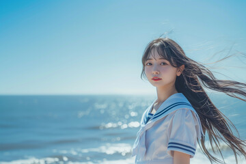 海辺にいるセーラー服の少女
