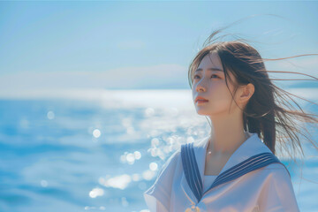 海辺にいるセーラー服の少女