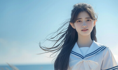 海辺にいるセーラー服の少女