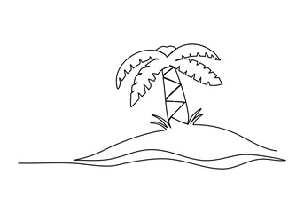 Palm on the beach. One line drawing vector illustration.