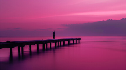 Obraz premium This captivating image captures the essence of twilight as a lone fisherman stands on the pier, silhouetted against the dusky sky. The long exposure photography technique creates a soft, dreamlike 
