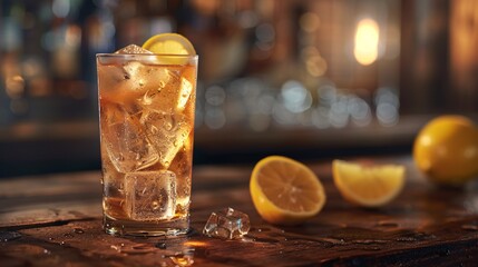 A refreshing blend of whiskey, soda, and lemon served on a wooden table.