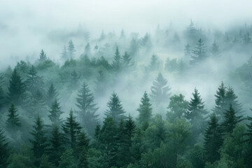 Fototapeta premium Tranquil and mysterious misty forest landscape with foggy trees and lush evergreen woods, creating a serene and peaceful environment in the early morning