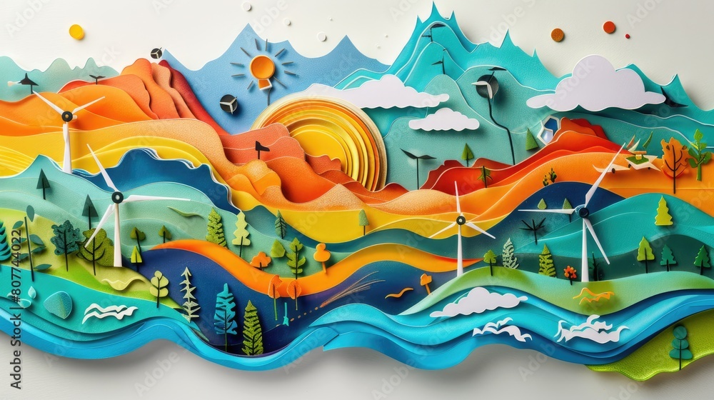Poster a dynamic papercut scene showing the transition from fossil fuels to renewable energy sources in a c
