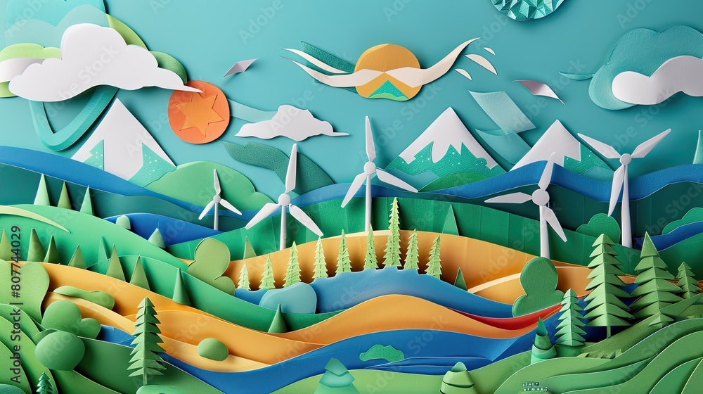 Poster a dynamic papercut scene showing the transition from fossil fuels to renewable energy sources in a c
