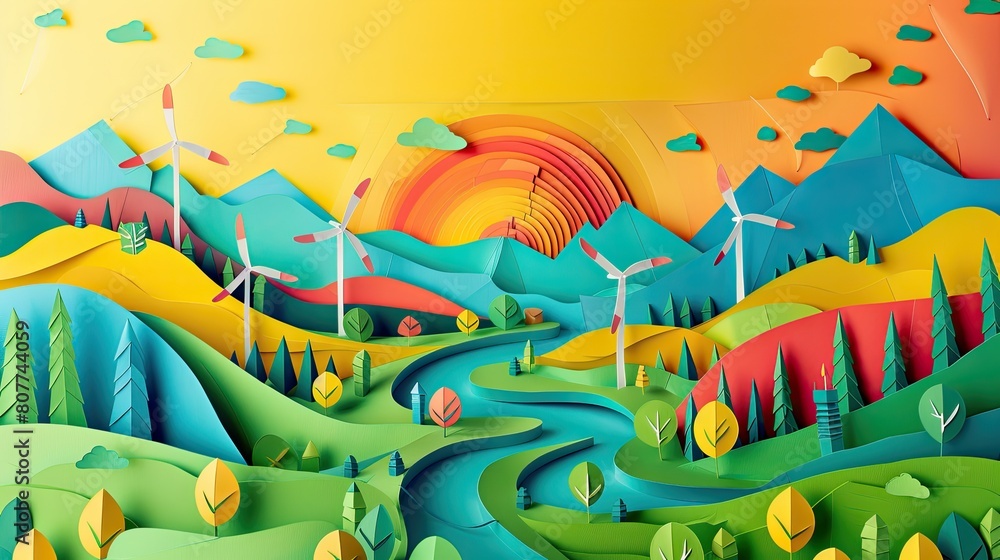 Poster a dynamic papercut scene showing the transition from fossil fuels to renewable energy sources in a c