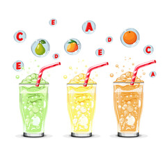 Set of healthy colorful oxygen cocktails with air bubbles. Isolated vector summer drink for design