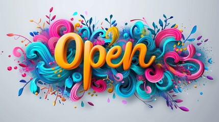 Open sign, poster with spectrum brush strokes on white background. Colorful gradient brush design