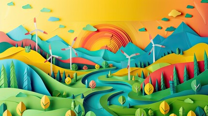 A dynamic papercut scene showing the transition from fossil fuels to renewable energy sources in a colorful landscape.