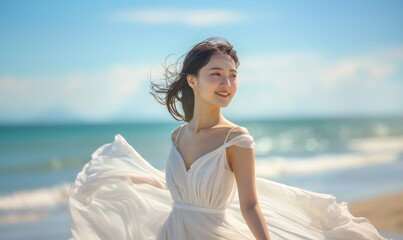 海辺にいる白いワンピースを着た女性