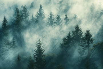Tranquil and mystical evergreen forest with dense fog and sunlight creating an ethereal and enchanting natural background, perfect for serene and peaceful environmental atmosphere photography