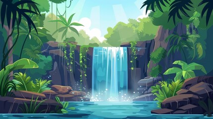 Summer exotic landscape with waterfall, grass, stones, lianas and trees with waterfall in tropical jungle modern cartoon illustration.