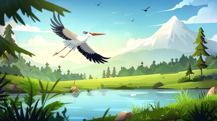 Obraz premium In the morning a white stork flies above a lake on a modern illustration of a summer rural landscape. The forest shore is lined with coniferous trees along with green grass and a wild bird called a