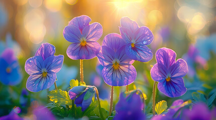 A field of purple flowers with sunlight shining through.