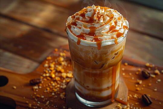 A coffee drink with caramel and whipped cream.