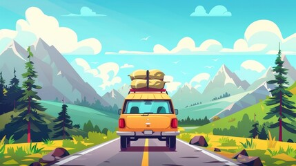 In summer holidays, a car taking a road trip in the mountains with luggage on the roof. Car going along highway in the mountains at a sunny day. Cartoon modern illustration.