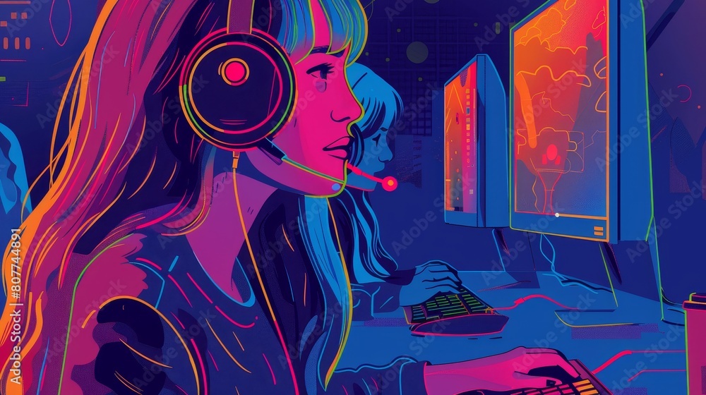 Aufkleber a technical specialist solves client problems via the internet, while an operator in a headset works