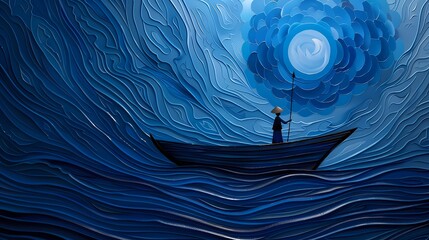 Blue swirl ocean and boat illustration poster background