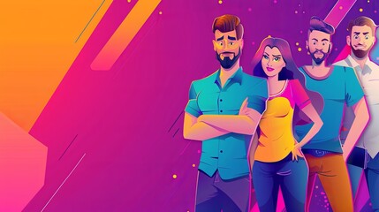 We have designed a team banner with abstract contemporary characters. A modern landing page with cartoon images of office workers, company employees, and funny people drawn in a trendy comic style is