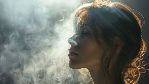 Ethereal image of the girl surrounded by a haze of mist, evoking a sense of mystique and allure as she prepares to perform cosmetology injections.